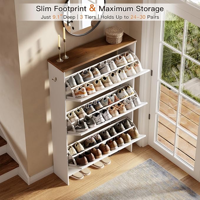 Shoe Storage Cabinet for Entryway, Nicetree Freestanding Shaker Barn Door Ultra Slim Shoe Cabinet With 3 Flip Drawers, Farmhouse Shoe Rack With 3-Tier Adjustable Shelves For Hallway Foyer Rustic-White - Image 4