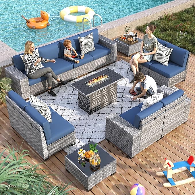 13 Piece Patio Furniture Set with Fire Pit Table, Outdoor Conversation Sets Grey Wicker Rattan Sectional Sofa, 4'' Thickened Cushion Navy Blue