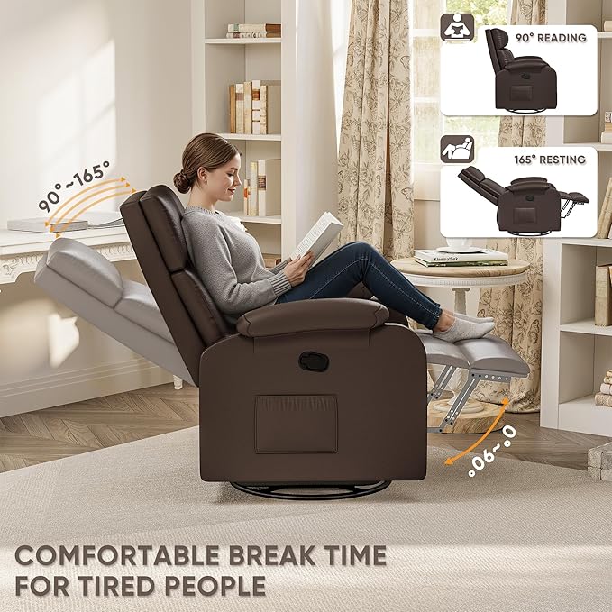 Homall Recliner Chair, 360 Swivel Rocking Chair for Adults, Massage Nursery Chair with Adjustable Backrest and Footrest, PU Leather Glider Rocker Recliners with Side Pocket for Living Room (Brown)