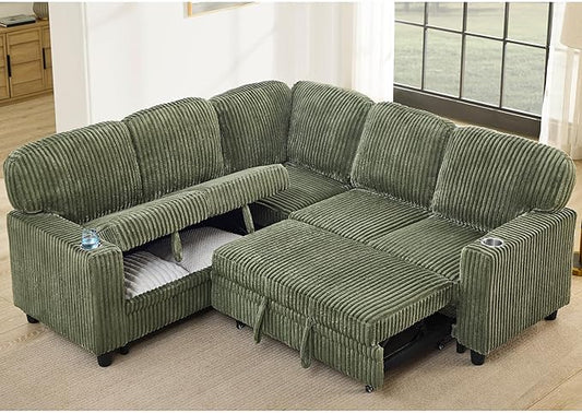 ERYE L-Shaped Symmetrical Sleeper Sectional Sofa W/Pull Out Sleeper Couch Bed and Storage Seat for Living Room, Corduroy Tufted Corner Convertible Sofa Bed with USB-C Ports