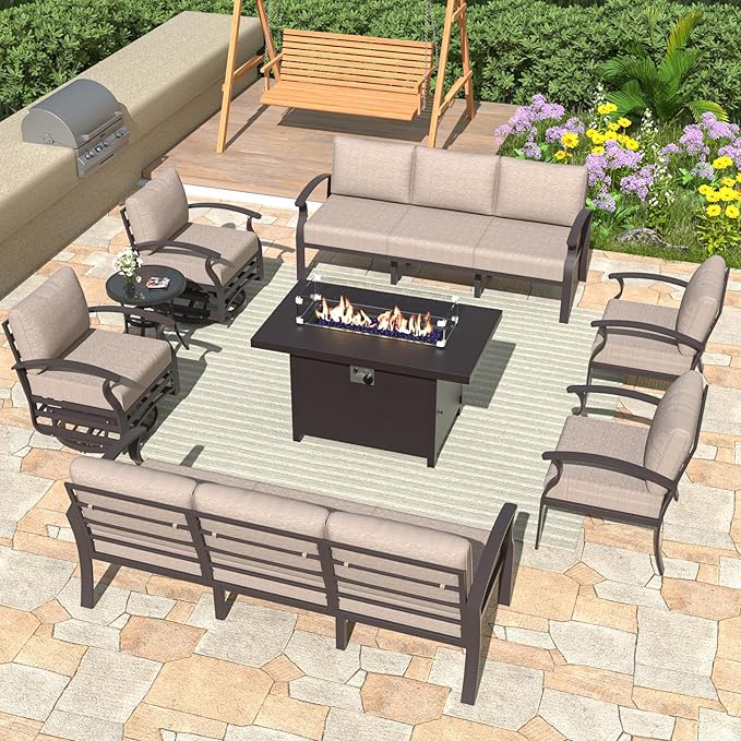 ALAULM Aluminum Patio Furniture Set with Propane Fire Pit Table 10-seat Metal Outdoor Furniture w/Fire Pit Patio Sectional w/5.1" Cushions for Patio, Backyard, Poolside-Sand
