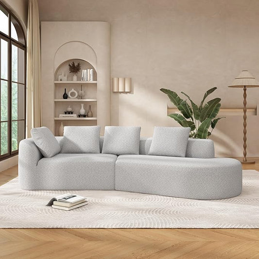 Merax 116" Curved Polyester Sectional Sofa, Modern Pearl Upholstery 3 Seat Cloud Couch with Chaise Lounge & 4 Pillows for Living Room, White+Gray