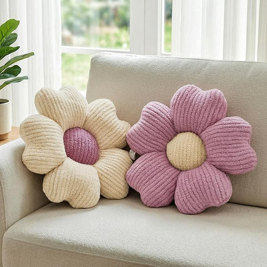 2 Pcs Pink Decorative Throw Pillows, 15'' Cute Daisy Flower Shaped Pillow Floor Seating Cushion for Bed Couch Bedroom Room Dorm Decor (Pink & Ivory)