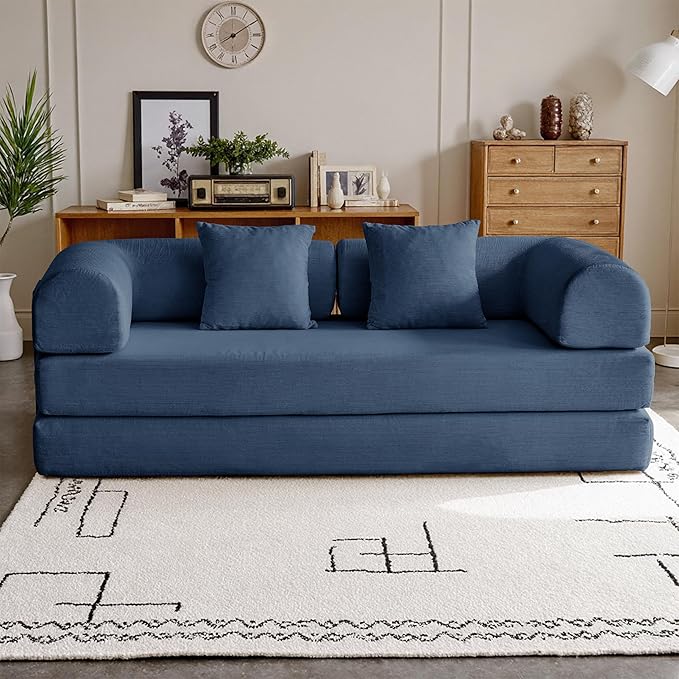 79'' Convertible Compressed Corduroy Folding Cloud Sofa Bed, 5 in 1 Modern Modular Boneless Pull Out Loveseat Sleeper in a Box, No Assembly Floor Mattress Futon Couch for Home, Blue, Pillows, King