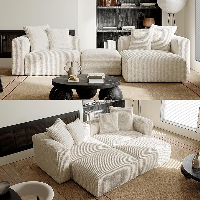 Acanva Corduroy Convertible Modular L Shaped Sectional Sofa, 4 Seater Free Combination Corner Couch, Convertible to DayBed, Wide Loveseat with Moveable Ottomans for Small Spaces, Sleeper Bed, White