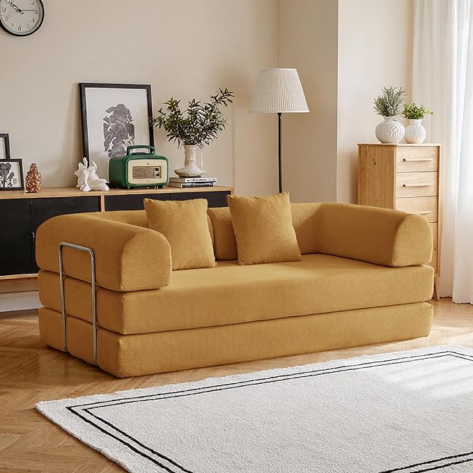 87'' Convertible Compressed Corduroy Folding Cloud Sofa Bed, Modern Modular Boneless Pull Out 3 Seater Sleeper in a Box, 5 in 1 Foldable Floor Mattress Couch, No Assembly Need, Yellow, Pillows, King