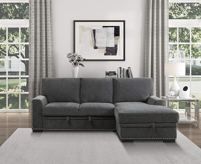 Lexicon Mid Century Modern Sectional Sleeper Sofa Bed Couch with Storage Chaise, Sectional Sofa Pull Out Couch Bed, Sectional Couch Lounge Sofa for Living Room Apartment, Right Side Chaise, Charcoal