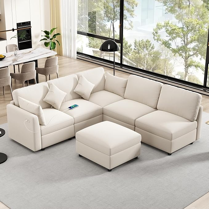 6 Seater Reversible Modular Sectional Sofa Convertible Sleeper Couch Bed , Free Combination Chenille Upholstered Corner Sofa&Couches with USB Ports and Detachable Cushions for Living Room Furniture
