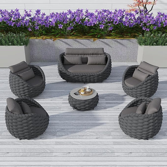 TWT 6 Pieces Patio Furniture Set Outdoor Rope Conversation Sectional Patio Sofa with 6 Seater for Backyard, Porch, Modern Armchairs with Thickness Cushions and Side Table, Dark Grey