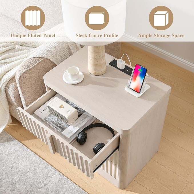 YANSNWO 23.6" Nightstand Set of 2 with Charging Station, Bedside Table with 3 Large Storage Drawers, Mid Century Modern Night Stand with Solid Wood Handle, End Table for Bedroom, Living Room - Image 4