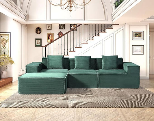 Rowan Convertible Corduroy Sectional Couch with Ottoman & Pillows, Modular L Shaped Sleeper Sofa, Boneless Cloud Couch for Living Room Furniture, Dark Green