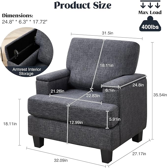 Accent Chair for Living Room, Modern Upholstered Reading Chairs with Armrest Storage, Comfy Large Armchair, Fabric Single Sofa Chair for Bedroom (Dark Grey)