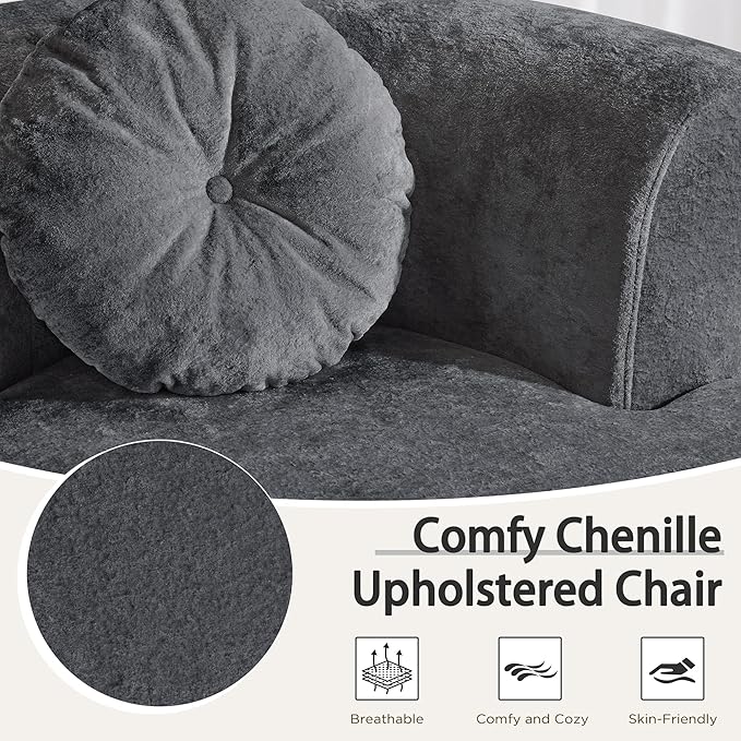 Oversized Swivel Accent Chair Set of 2, Modern Curved Back Single Sofa Chair, Comfy All-Foam Compression Upholstered Round Armchair with Pillow,Cozy Chenille Barrel Chair for Living Room(Dark Grey)