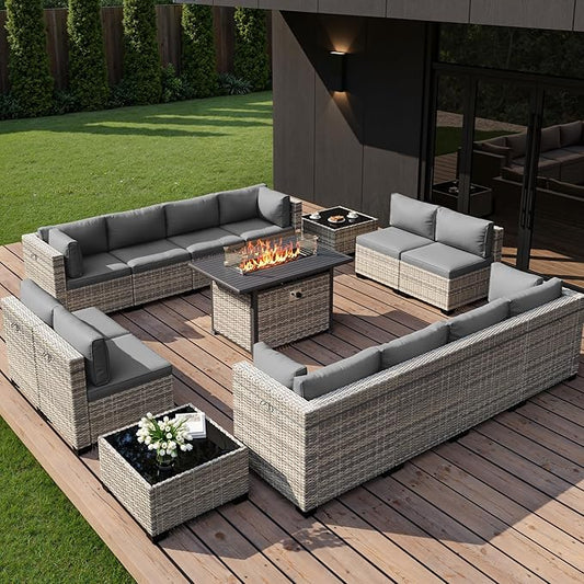 15-Piece Outdoor Patio Furniture Set with 55,000 BTU Fire Pit Table, PE Wicker Rattan Sectional Sofa Conversation Set - All-Weather Garden, Backyard Furniture, Grey