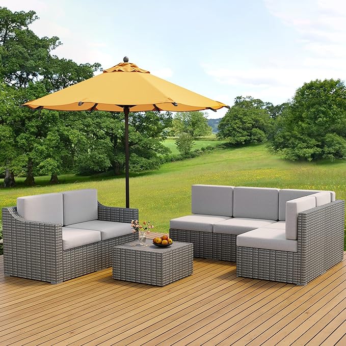 HAPPATIO 7 Piece Patio Conversation Set,Rattan Wicker Outdoor Sectional Sofa,All-Weather Patio Furniture Set,Multiple Combination Sofa. Patio sectional Set.(Gray/Beige)
