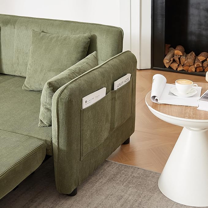 Ball & Cast 66" Convertible Sofa Bed,3-in-1 Corduroy Loveseat Sleeper Pull Out Couch Bed with Pillows and Side Pockets, Deep Seat Comfy Sofa Couches for Living Room,Apartment,Green