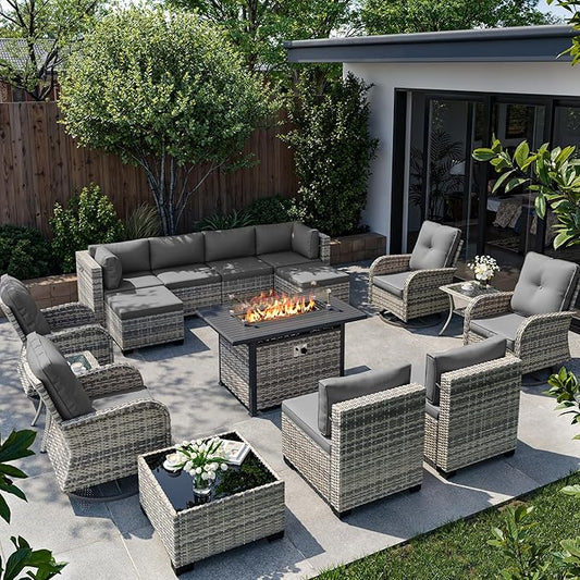 16-Piece Outdoor Patio Furniture Set with Rocking Swivel Chair, Wicker Rattan Sectional Sofa Conversation Set with 55,000 BTU Fire Pit Table with Ottomans, Backyard Furniture, Grey