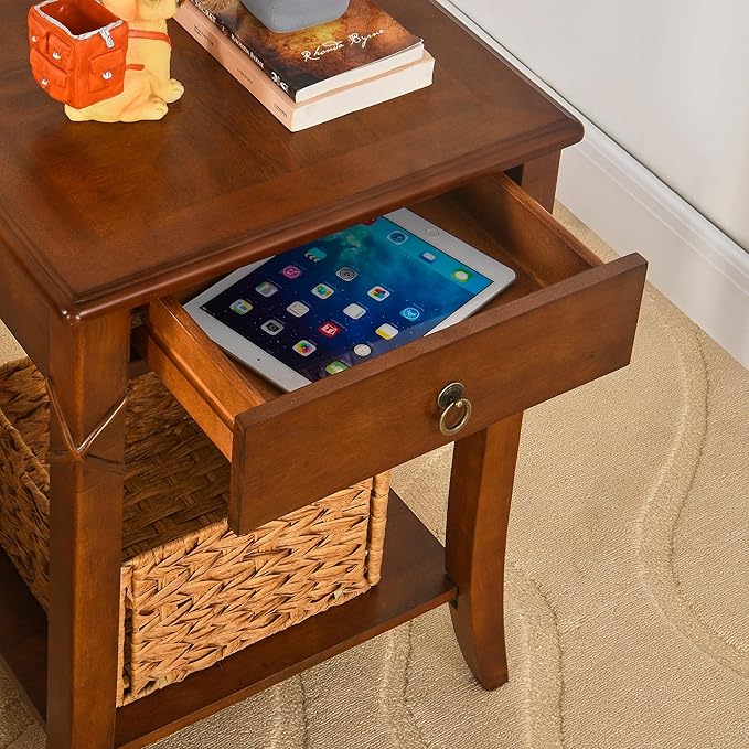 PADMA HOUSE Solid Wood End Table with Drawer & Shelf, Rectangle Sofa Side Table with Dual-Hourglass Tabletop Mid-Century Apartment Bedside Table for Living Room Bedroom,19.7 * 15.7 * 27.6in