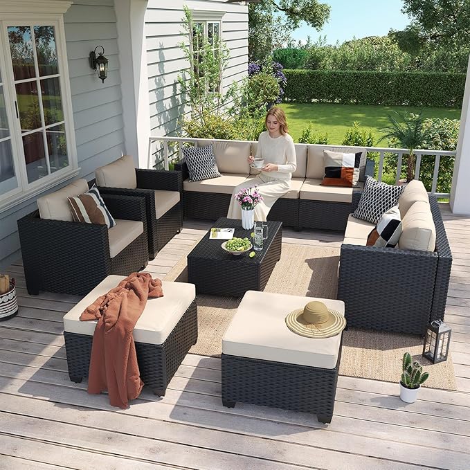 Aoxun 10 Piece Outdoor Patio Furniture Set 9 Seats, Outdoor Sectional with Thick Waterproof Cushions & Storage Coffee Table, Patio Conversation Sets for Garden,Backyard, Porch, Balcony, Deck, Beige