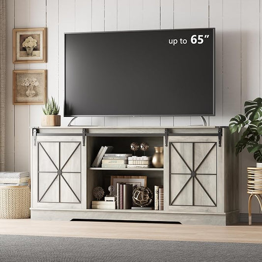 Farmhouse TV Stand for 65/60/55 Inch Tvs, Rustic Entertainment Center with Storage Cabinets & Sliding Barn Doors, Modern Media Console Table, Wood Television Furniture for Living Room, Bedroom, Grey by Xixini