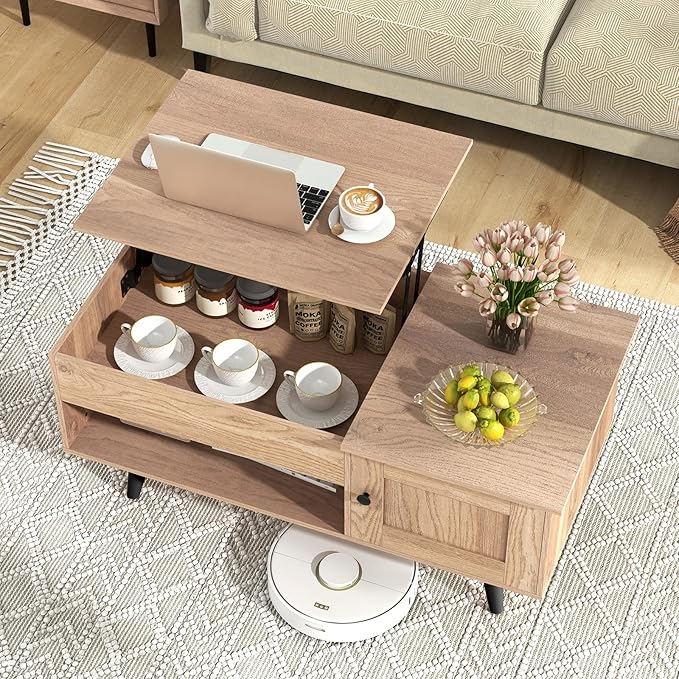 Giantex Lift Top Coffee Table, Modern Cocktail Table with Hidden Compartment, Open Shelf & Cabinet, Wooden Flip Top Center Table, Pull up Coffee Table for Home Office, Living Room (Natural)