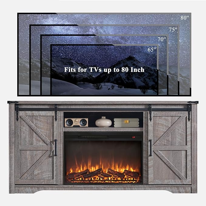 JXQTLINGMU Farmhouse Fireplace TV Stand for 80 Inch TV, 32" Tall Entertainment Center w/Drawer & Sliding Barn Door, 70 Inch Highboy Media Console for Living Room, Grey Wash - Image 7
