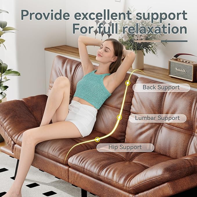Futon Sofa Bed Convertible Couch, Brown Faux Leather Sofa Bed with Memory Foam, Adjustable Backrest & Armrests, Multifunctional Small Loveseat Sleeper Sofa for Living Room, Apartment, Office