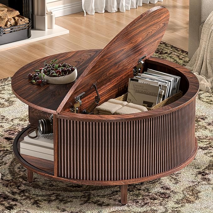 Round Coffee Table, Walnut 31.5" Fluted
