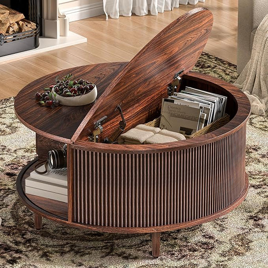 Round Coffee Table, Walnut 31.5" Fluted