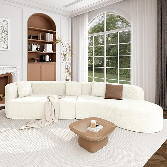 Merax Modern Minimalist Large 2-Piece Sectional Curved Chenille Sofa with 3 Pillows and High-Density Foam for Luxurious Comfort and Seamless, for Living Room, Bedroom, White