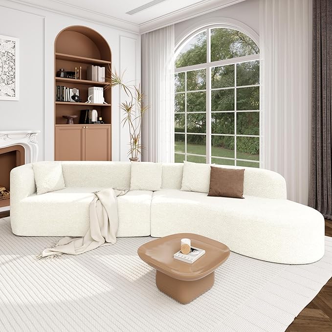 Merax Modern Minimalist Large 2-Piece Sectional Curved Chenille Sofa with 3 Pillows and High-Density Foam for Luxurious Comfort and Seamless, for Living Room, Bedroom, Beige
