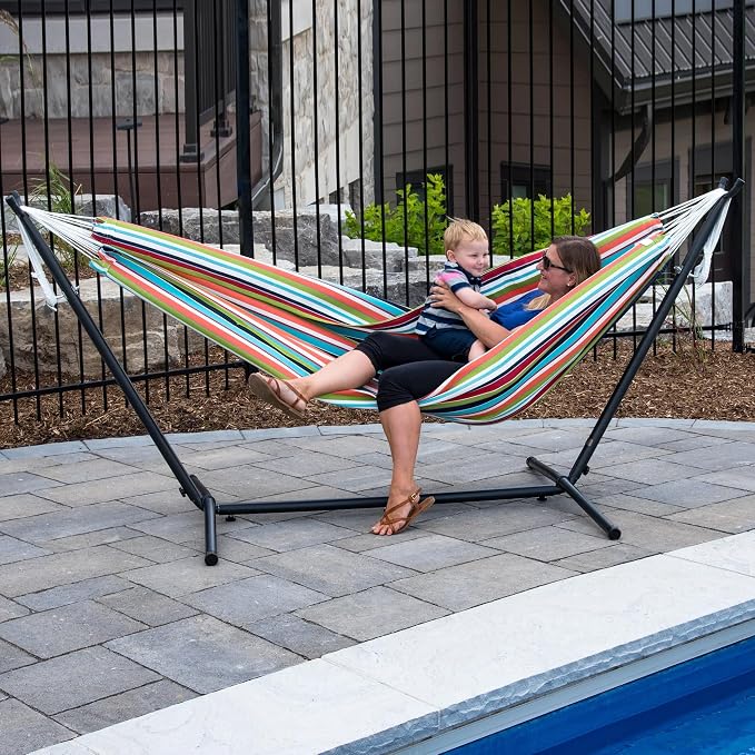 Vivere Double Sunbrella Hammock with Space-Saving Steel Stand, Heavy-Duty Portable Outdoor Hammock Set for Backyard, Patio, or Travel, Confetti - Image 7