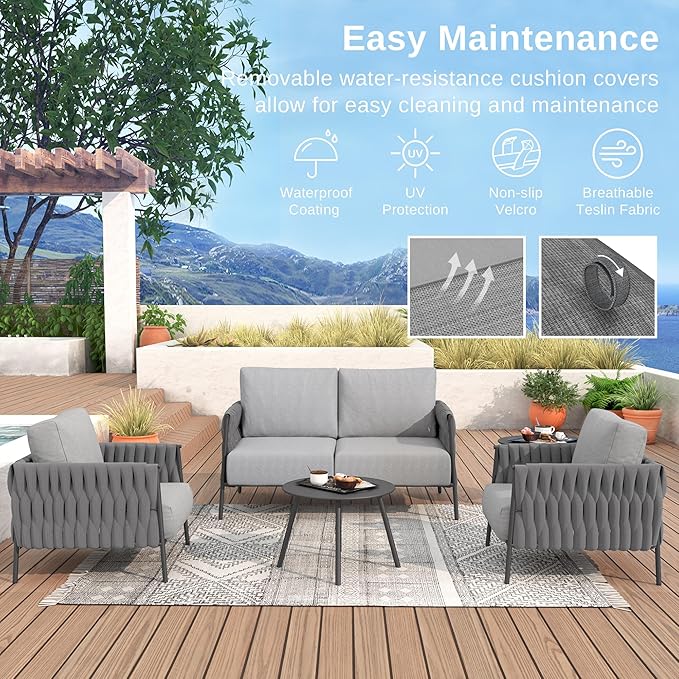 East Oak 3-Piece Patio Furniture Set | Life Chatter 4-Seat Outdoor Furniture | Sectional Sofa Set with Round Coffee Table | Deep Seating Sofa with Thick & Washable Cushions | Chestnut & Apricot