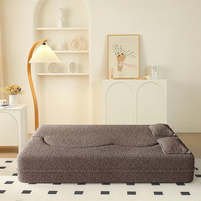 78" Convertible Sofa Bed, 2-in-1 Folding Floor Couch with 2 Pillows, Sleeper Sofa for Living Room and Bedroom, No Assembly Required (Brown, Teddy Fabric)