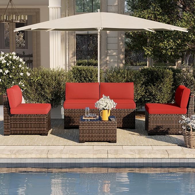 Patio Furniture Set, 5 Pieces Outdoor Sectional Sofa Set, PE Wicker Rattan Slanted Back Outdoor Conversation Set with Cushions and Glass Coffee Table, Wine red