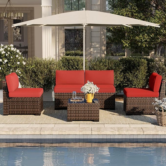 Patio Furniture Set, 5 Pieces Outdoor Sectional Sofa Set, PE Wicker Rattan Slanted Back Outdoor Conversation Set with Cushions and Glass Coffee Table, Wine red