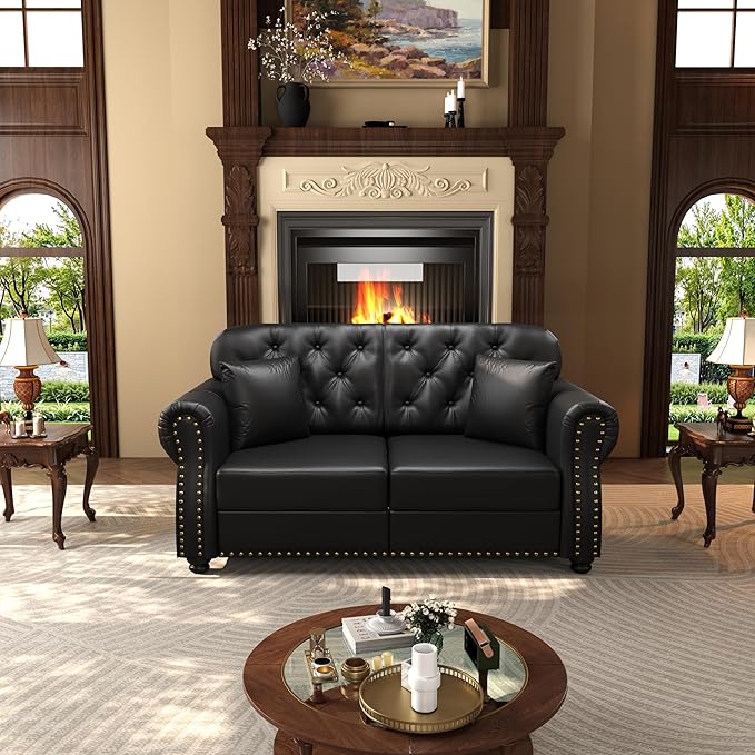 KEIKI 63" Faux Leather Chesterfield Sofa with Rolled Arms & Nailhead Trim & 1 Ottoman, 2-Seater Button Tufted Couch with High Resilience Cushion & 2 Pillow, Easy Assembly, for Living Room, Black