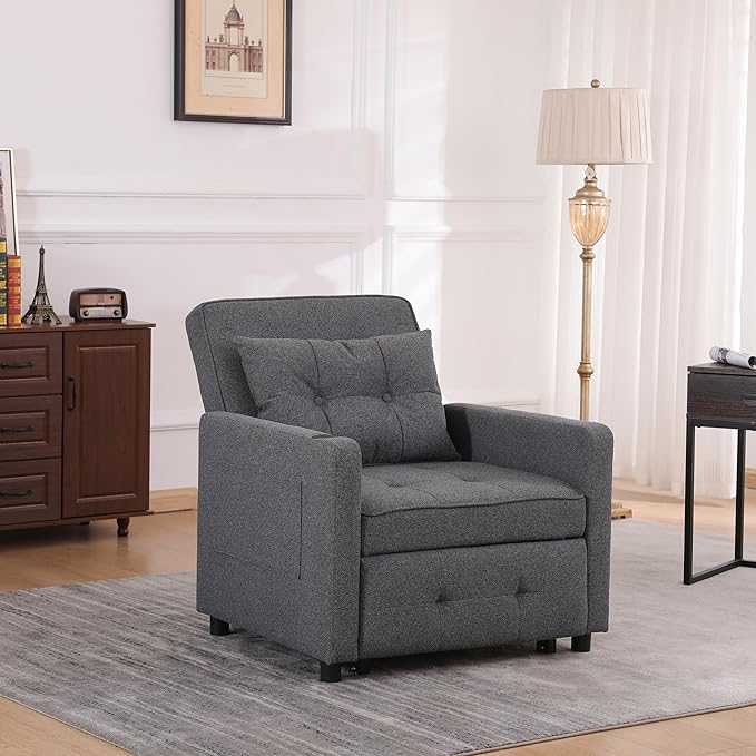 Ball & Cast 3 in 1 Sleeper Sofa Bed,Convertible Pull Out Couch with USB Ports and Side Pocket,Single Sofa Chair W/Adjustable Backrest,Futon Chaise Lounge for Living Room,Apartment,Antique Grey,31"