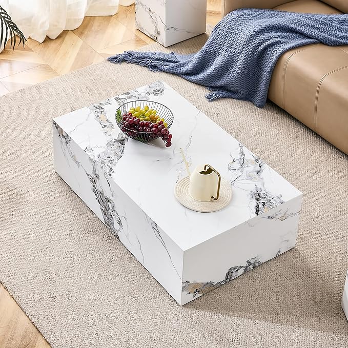 Modern Coffee Table Marble Grain,Rectangle Marble Faux Tea Table White,No Assembly