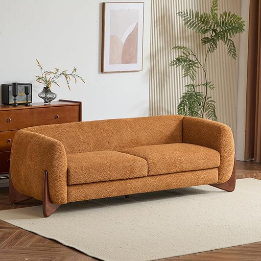 Merax 82 Inch Boucle Sherpa Sofa, Chenille Loveseat with Removable Cushions & Wood Legs, Modern Plush 3-Seater Couch for Living Room, Caramel