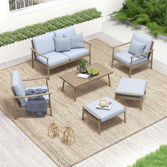 HAPPATIO Patio Outdoor Furniture Set - 6 Pieces Aluminum Outdoor Conversation Set with 1 Cushioned Loveseat, 2 Armchairs, 1 Coffee Table, and 2 Ottomans for Yard, Porch, and Deck (Brown)