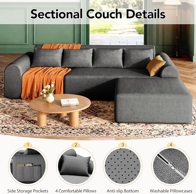 105.5” Cloud Modular Sectional Sofa, No Assembly Deep Seat L-Shaped Chenille Couch with Ottoman & 4 Pillows, 4-Seater for Living Room, Grey