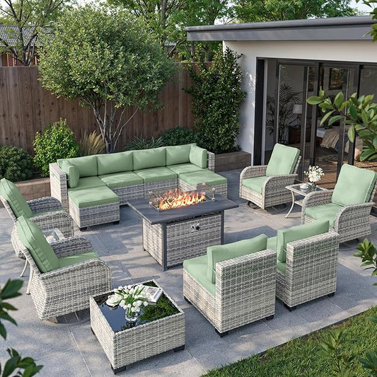 16-Piece Outdoor Patio Furniture Set with Rocking Swivel Chair, Wicker Rattan Sectional Sofa Conversation Set with 55,000 BTU Fire Pit Table with Ottomans, Backyard Furniture, Light Green