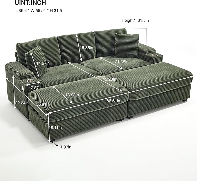 KEIKI Combination Sofa Bed Set, 4 Seat Chaise Lounge Sofa with Armrest Storage, Cupholders, USB, Deep Seat Couch Reading Chairs for Living Room, Green