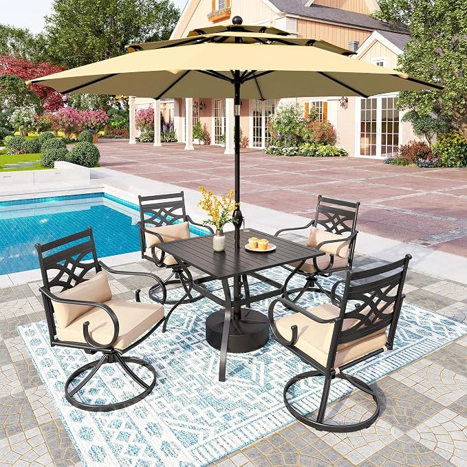 PHI VILLA Outdoor Patio Dining Set for 4 with 10ft 3-Layer Auto-tilt Round Umbrella(Beige),Includes 4 Outdoor Swivel Chairs with Cushions and a Metal Square Table, Perfect for Garden, Lawn, or Deck by PHIVILLA