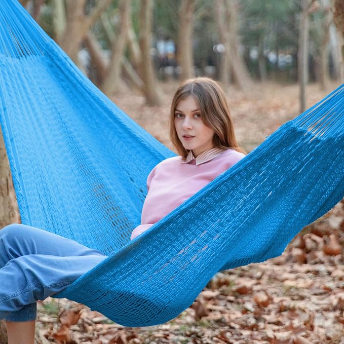 PNAEUT Handwoven Mayan Hammock, Thick Soft Rope Double Hammock for Outdoor Outside & Indoor, 600 lbs Capacity Heavy-Duty, Includes Tree Straps, Carabiners & Carrying Bag (Glacial Lake Blue, X-Large) - Image 2