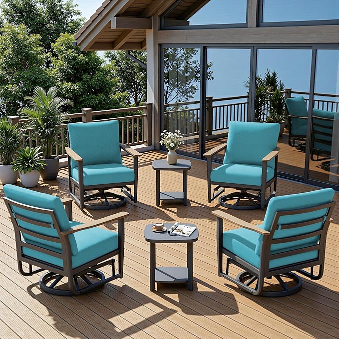 6-Piece Aluminum Patio Rocking Swivel Chair Outdoor Bistro Set, Patio Conversation Set Outdoor Patio Furniture Set with High Backrest & Thickened Cushions for Garden, Deck and Balcony, Turquoise