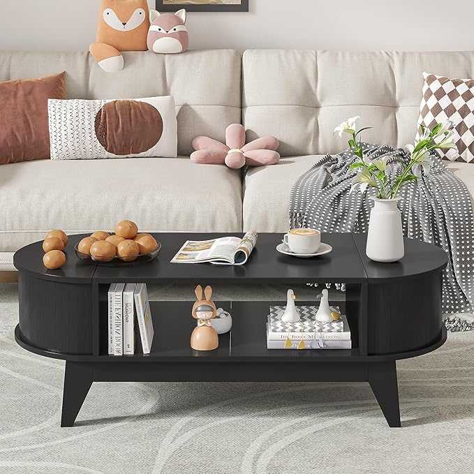 Coffee Table with 2 Hidden Storage,Mid Century Modern Coffee Table with Fluted Finish,Wood Center Tables Oval Coffee Tables with Flip-Top Lids for Living Room Home Office (Black)