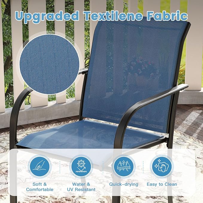 DIFY 9 Pieces Outdoor Patio Dining Set for 8, 53.1" Black Round Metal Dining Table and 8 Blue Stackable Textilene Patio Chairs, Outdoor Table and Chairs for Backyard Garden Poolside - Image 7