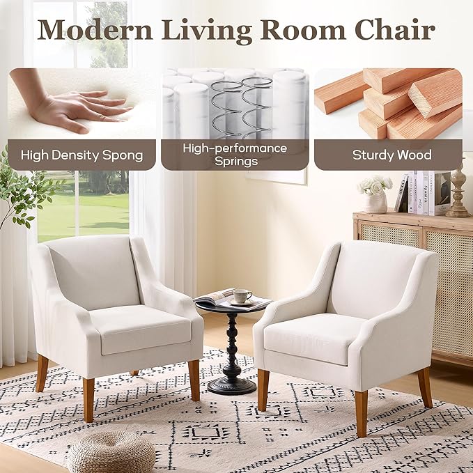 Accent Chair for Living Room,No Assembly Upholstered Mid Century Modern Comfy Tufted Armchairs with Wooden Legs,Sofa Chairs for Bedroom, Reading Waiting Room Apartment Beige